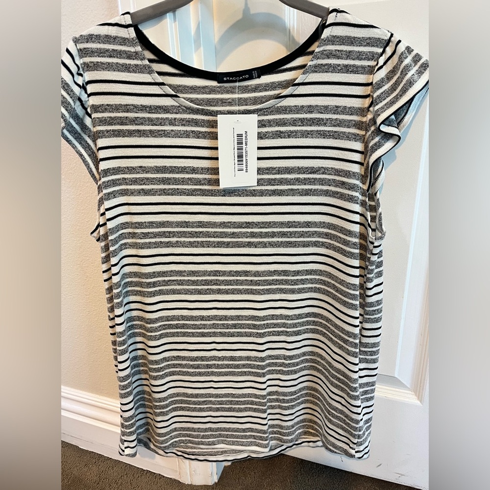 Staccato Black and White Striped Cap Sleeve Tee